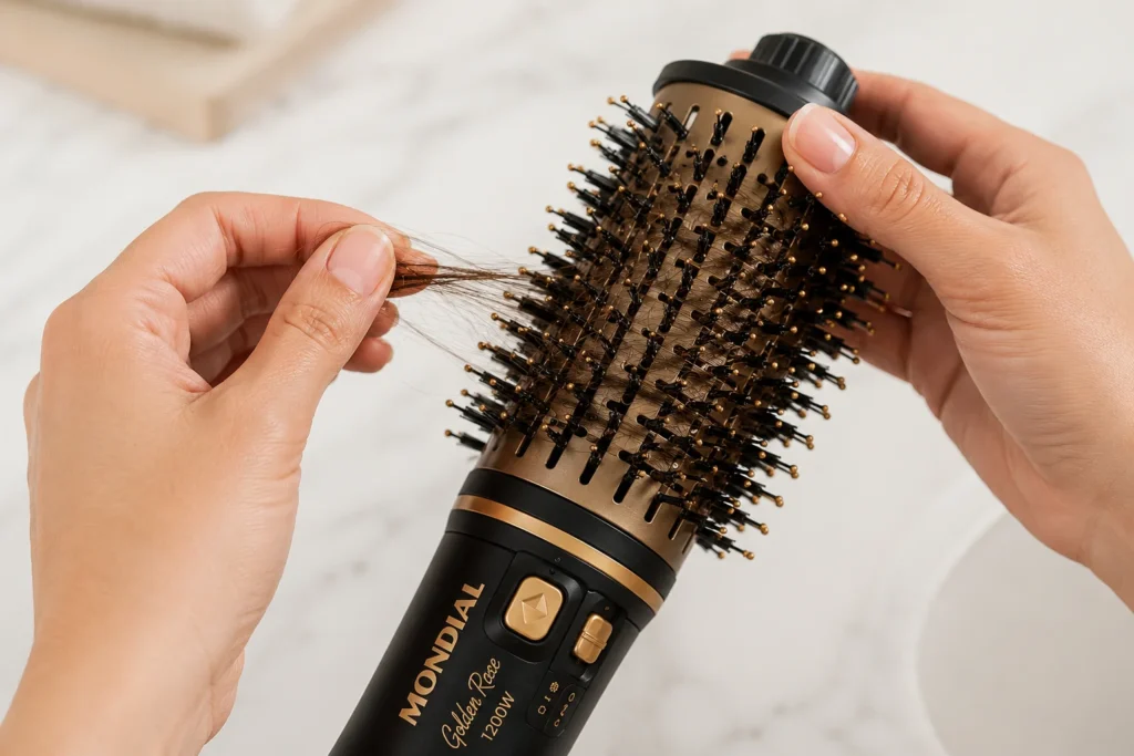 Mãos femininas removendo cuidadosamente fios de cabelo presos entre as cerdas de uma escova secadora para manutenção.