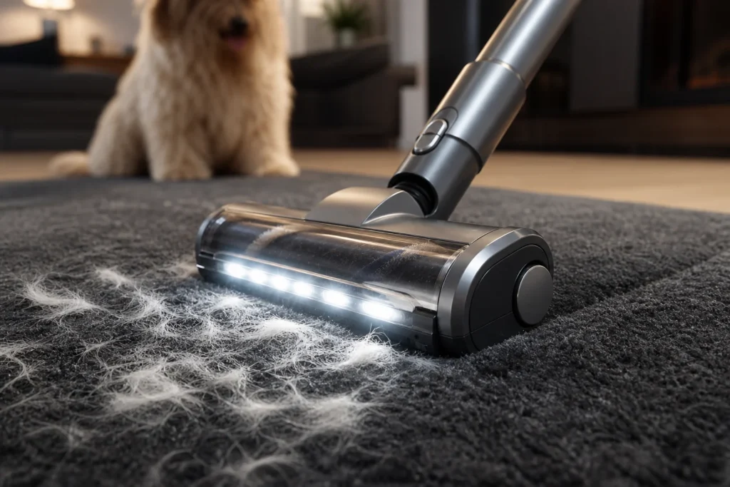 Aspirador vertical moderno removendo pelos de um tapete cinza próximo a um cão de pelagem longa. Melhor Aspirador para Casa com Pet