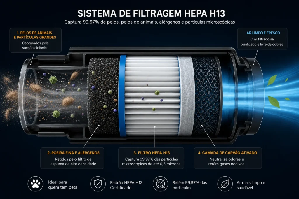 Infográfico mostrando a filtragem HEPA de um aspirador pet retendo partículas de caspa animal.