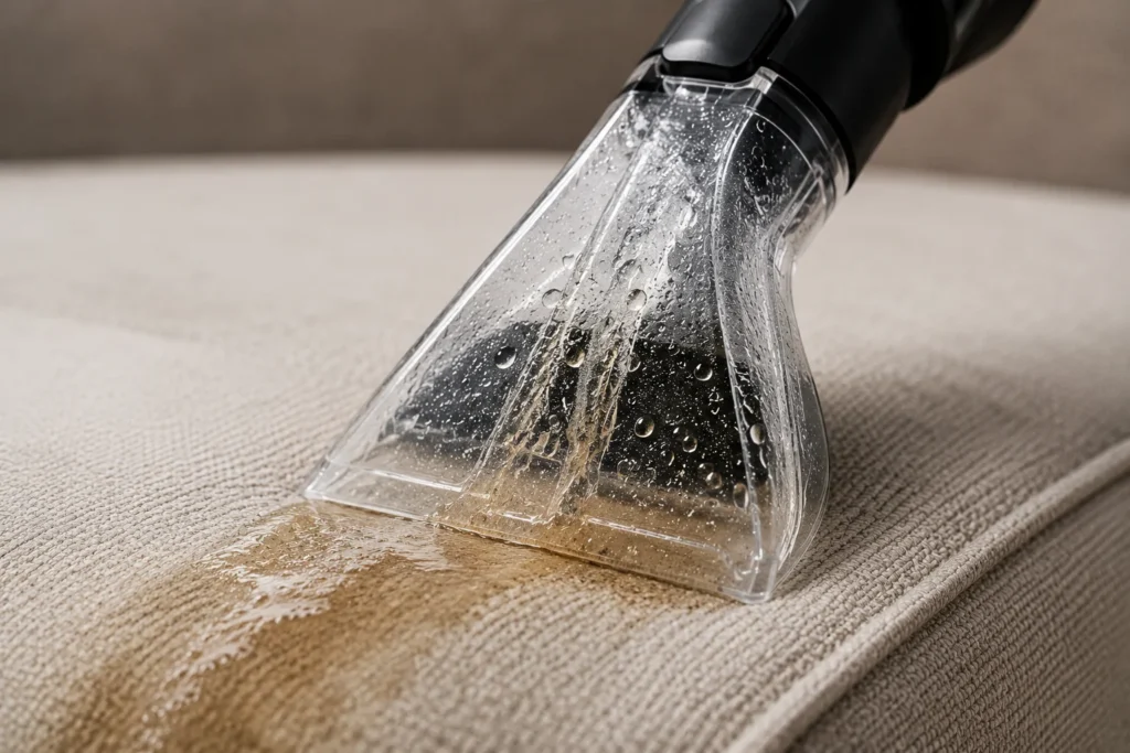 Macro close-up shot of a transparent vacuum cleaner nozzle sucking dirty water from a textile armchair. Clear visual of water droplets being extracted, professional lighting, photorealistic, 8k.