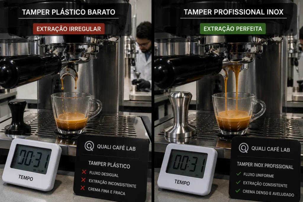 Teste real comparando a extração do café usando um tamper de plástico de fábrica contra um tamper de aço inox pesado de laboratório.