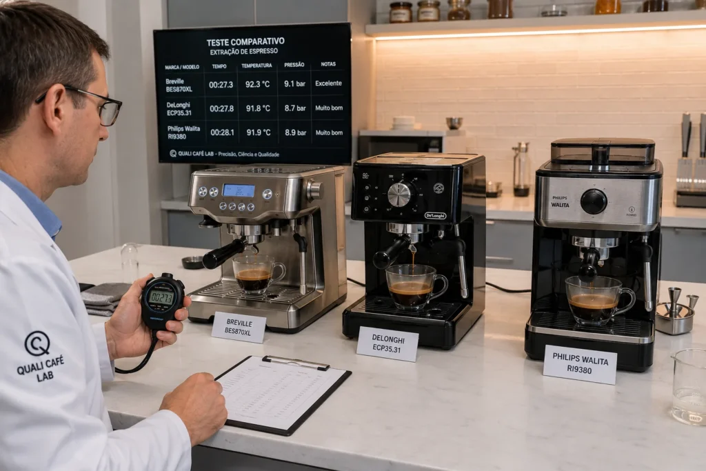 Teste real comparativo alinhando cafeteiras da Oster, Mondial e Philco em uma bancada para medir o tempo de extração.