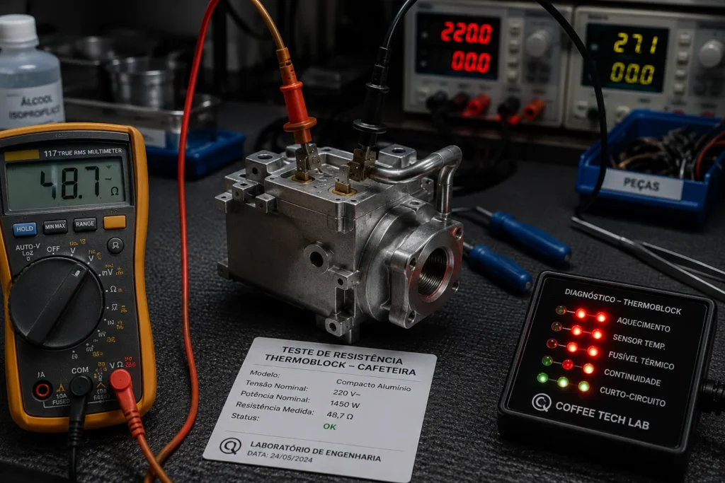 Visão detalhada de um bloco de aquecimento Thermoblock desmontado em uma bancada de testes de engenharia elétrica.