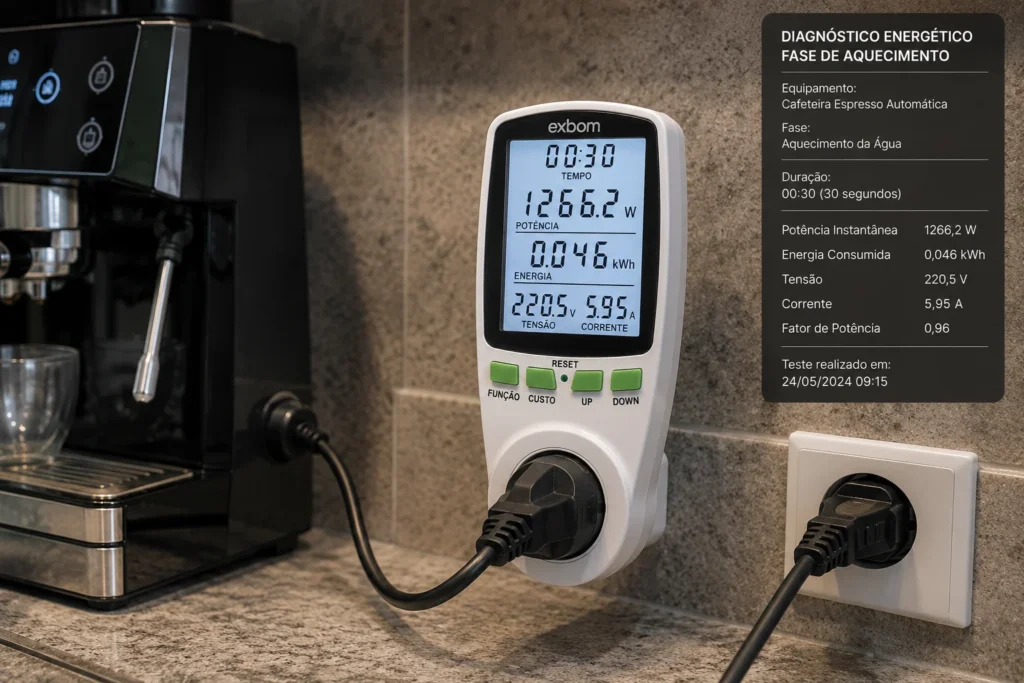 Equipamento analisador de consumo elétrico acoplado à tomada da cafeteira durante o teste técnico de aquecimento de água.