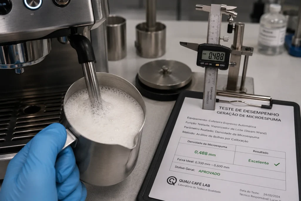 Teste técnico real de laboratório medindo a densidade e a textura da espuma de leite gerada pelo bico vaporizador da máquina.