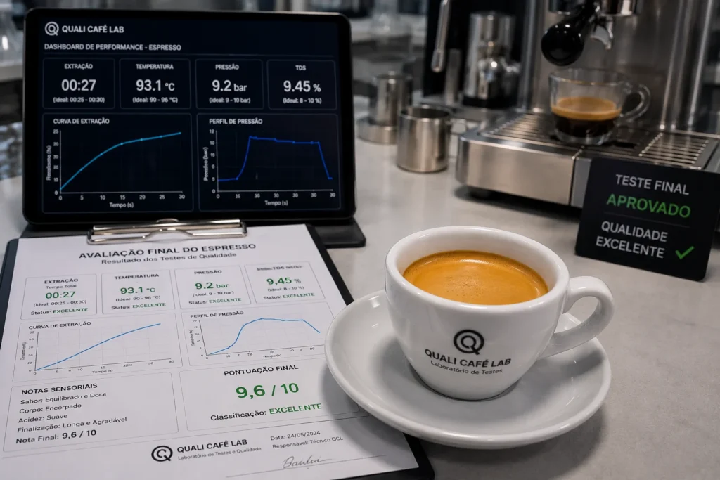 Teste técnico de laboratório finalizado exibindo uma xícara perfeita de café expresso ao lado de relatórios de eficiência.