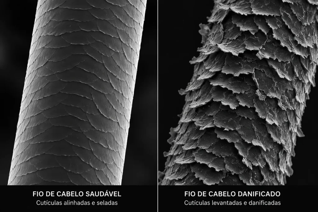Imagem de microscopia eletrônica comparando um fio de cabelo saudável com cutículas seladas e um fio danificado pelo calor.