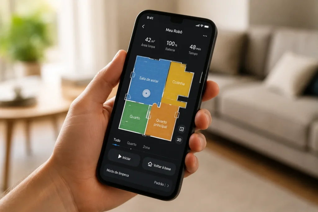 Tela de smartphone exibindo o mapa digital de uma casa sendo limpa por um robô aspirador inteligente em tempo real.