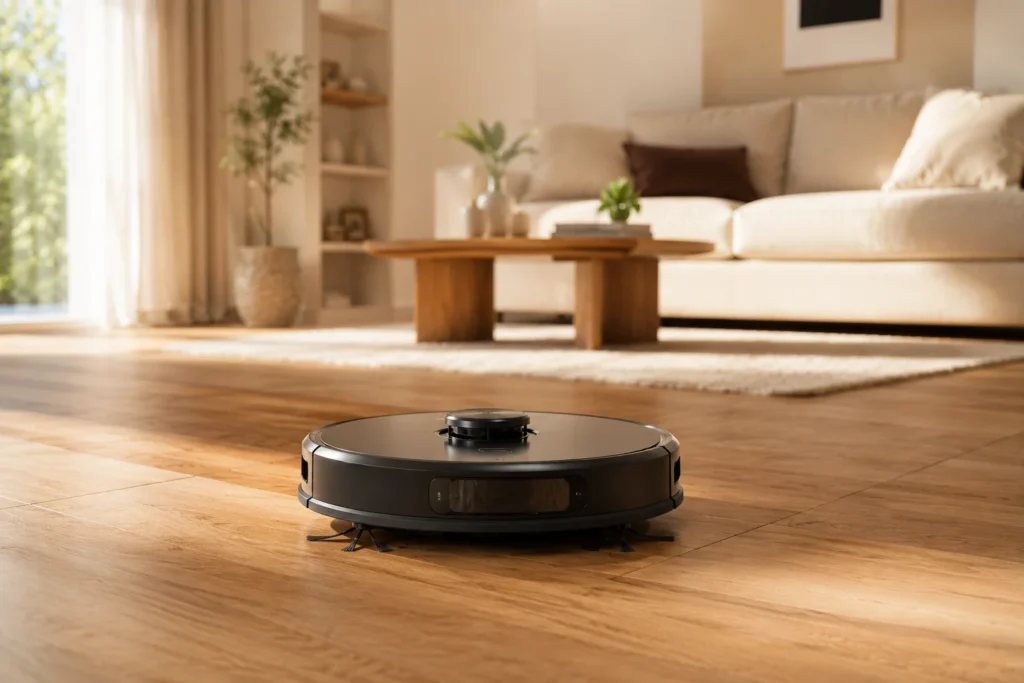 Robô aspirador redondo e preto limpando um piso de madeira laminada em uma sala iluminada pelo sol. Robô Aspirador Vale a Pena Mesmo? 