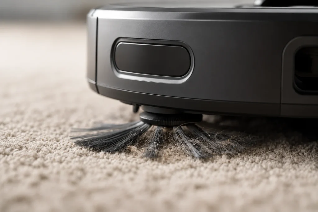 Close-up de um robô aspirador coletando pelos de gato de um tapete de sala com suas escovas laterais giratórias.