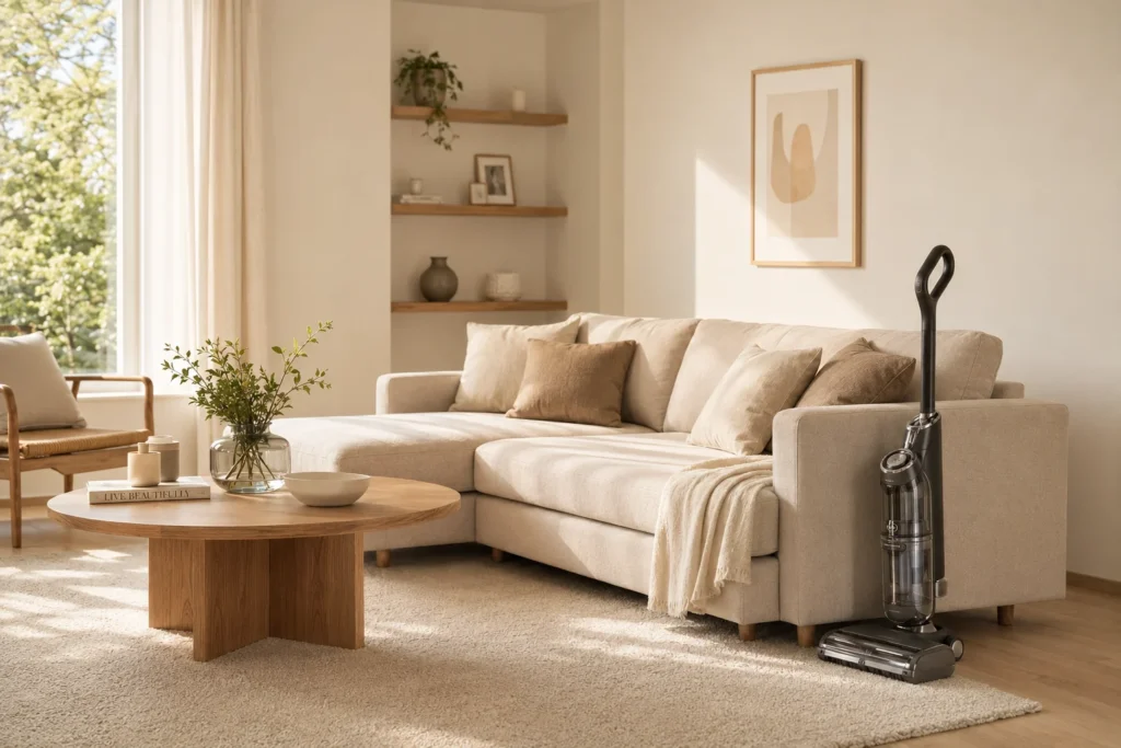Visão geral de uma sala de estar limpa e iluminada com o aspirador de estofados posicionado de forma elegante ao lado da poltrona.