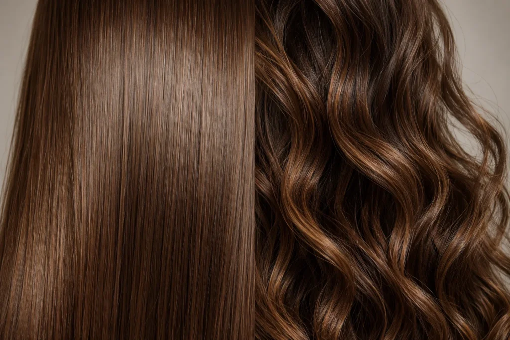 Close-up de diferentes texturas de cabelo finalizadas com escova elétrica e secador de cabelo tradicional.