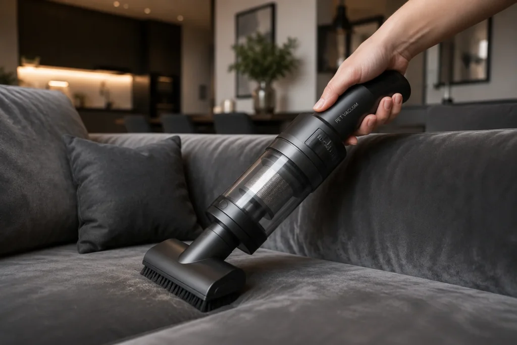 Pessoa usando o modo portátil do melhor aspirador para apartamento para limpar um sofá de veludo cinza.