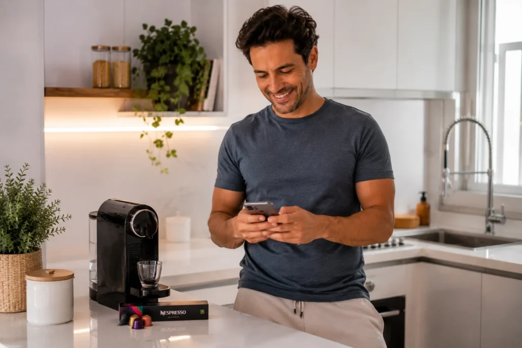 Um consumidor sorridente em sua cozinha moderna usando o celular para calcular os gastos energéticos dos eletros da bancada.