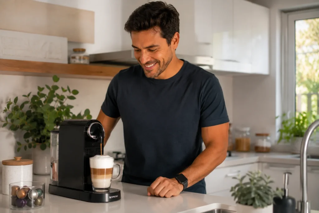 Um homem sorridente preparando um cappuccino cremoso em sua máquina de cápsulas automática na cozinha gourmet.