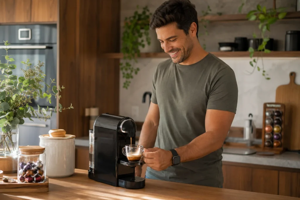 Um homem sorridente preparando seu café matinal em uma máquina automática de cápsulas em uma cozinha moderna e organizada.
