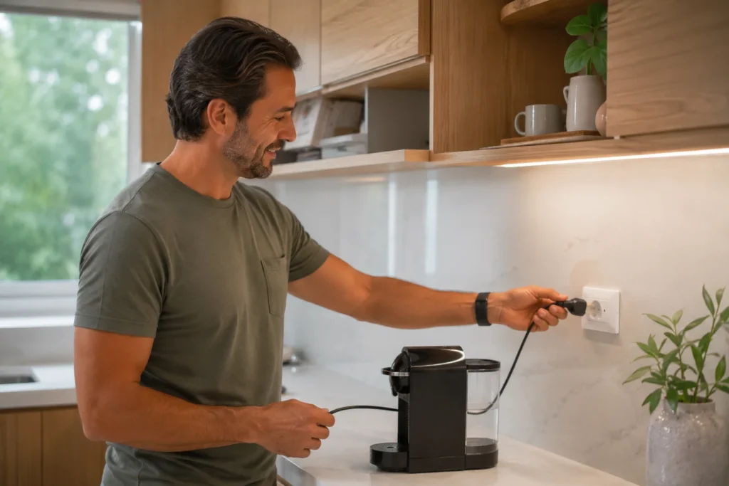 Um homem na cozinha gourmet plugando com cuidado o cabo de sua cafeteira em uma tomada exclusiva da parede.
