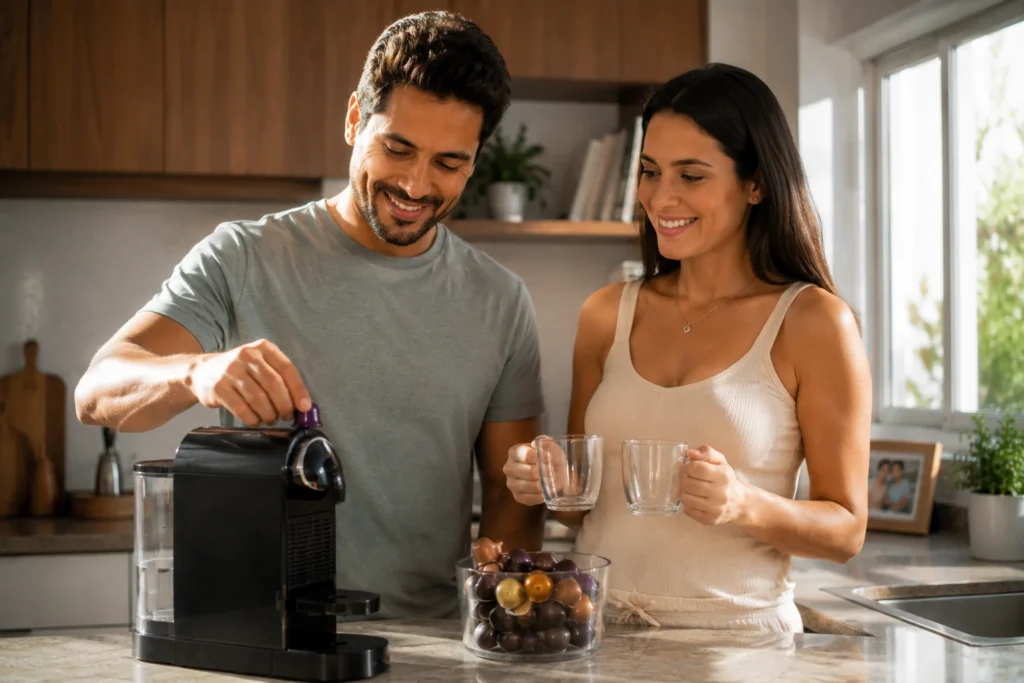 Um casal feliz na cozinha moderna preparando duas xícaras de café em sequência imediata usando cápsulas coloridas.
