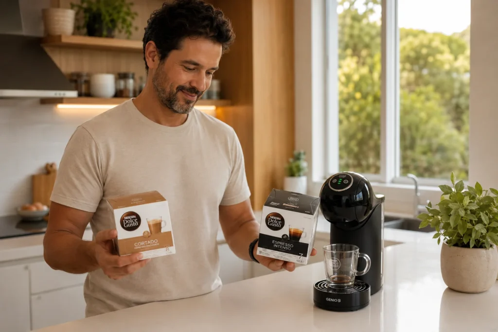 Um homem sorridente comparando caixas de cápsulas em sua cozinha ao lado de uma cafeteira recém-comprada.