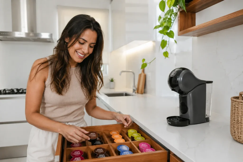 Uma mulher sorrindo enquanto organiza uma gaveta cheia de cápsulas coloridas da Dolce Gusto em sua cozinha planejada.