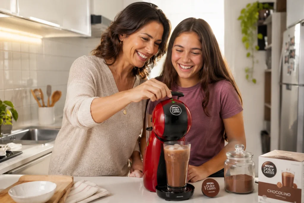 Uma mãe e sua filha adolescente rindo na cozinha enquanto preparam uma bebida fria de chocolate usando o seletor da cafeteira Dolce Gusto.