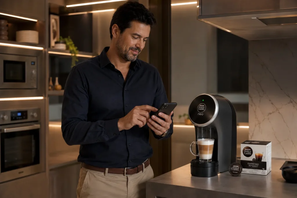 Um homem de meia-idade olhando para o painel digital de sua cafeteira premium Dolce Gusto Neo em uma cozinha sofisticada.