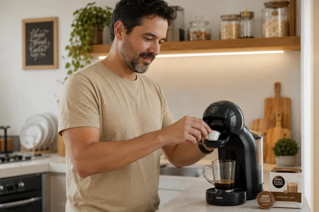 Um homem na cozinha inserindo a segunda cápsula em sua cafeteira Dolce Gusto durante o preparo de um macchiato.