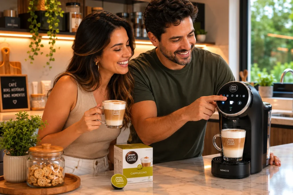 Um casal rindo na cozinha enquanto preparam um cappuccino cremoso em camadas na sua nova Dolce Gusto automática.