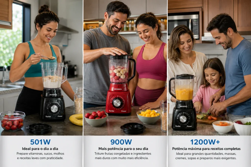 Consumidores utilizando diferentes liquidificadores em uma cozinha moderna comparando desempenho e consumo de energia.
