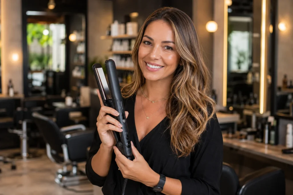 Cabeleireira profissional sorrindo enquanto segura uma chapinha de titânio brilhante e intacta em seu salão moderno.