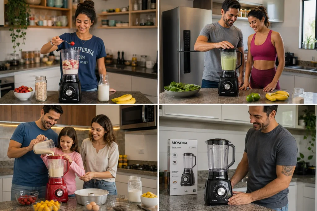 Famílias utilizando liquidificadores de diferentes capacidades e potências em situações reais do cotidiano.
