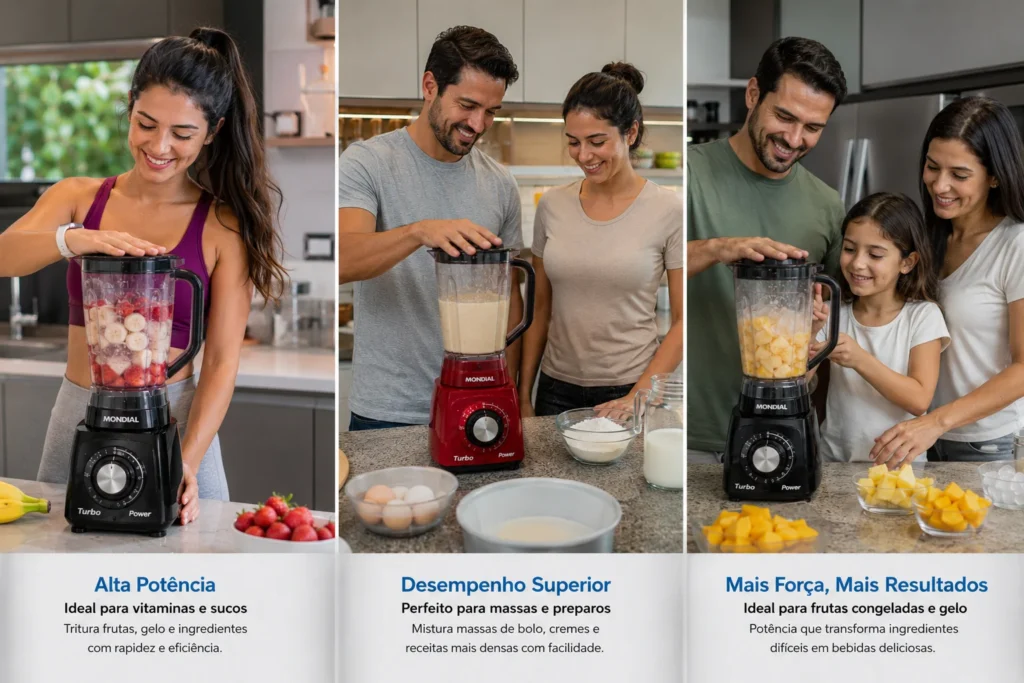 Consumidores utilizando liquidificador potente para preparar vitaminas, massas e receitas com frutas congeladas.