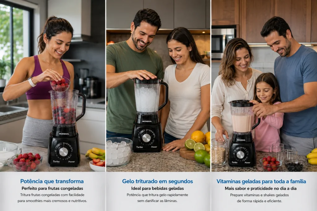 Consumidores utilizando liquidificador potente para triturar gelo e frutas congeladas em diferentes situações do dia a dia.