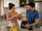 Um jovem casal sorridente em sua cozinha preparando uma receita com seu novo liquidificador Mondial preto de alta potência. liquidificador mondial vale a pena