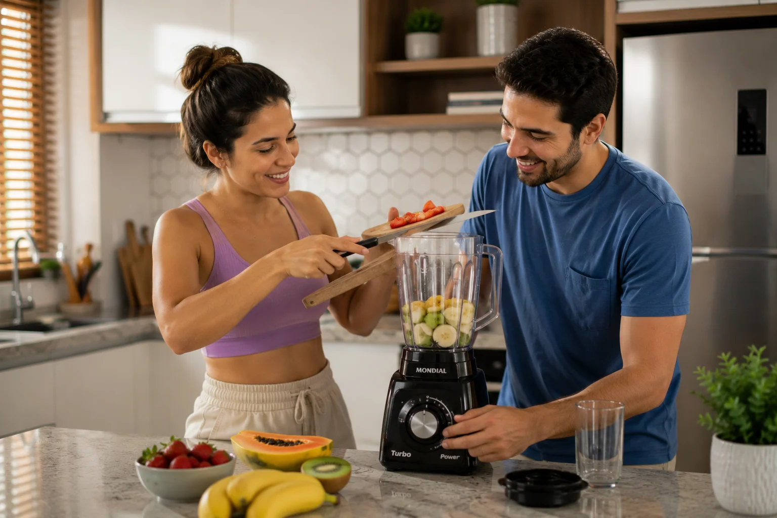 Um jovem casal sorridente em sua cozinha preparando uma receita com seu novo liquidificador Mondial preto de alta potência. liquidificador mondial vale a pena