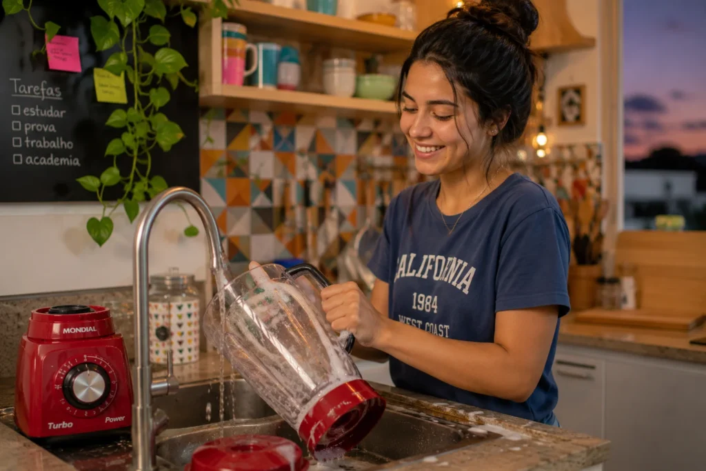 Uma jovem estudante universitária limpando alegremente seu liquidificador Mondial vermelho na pia da cozinha de seu estúdio.