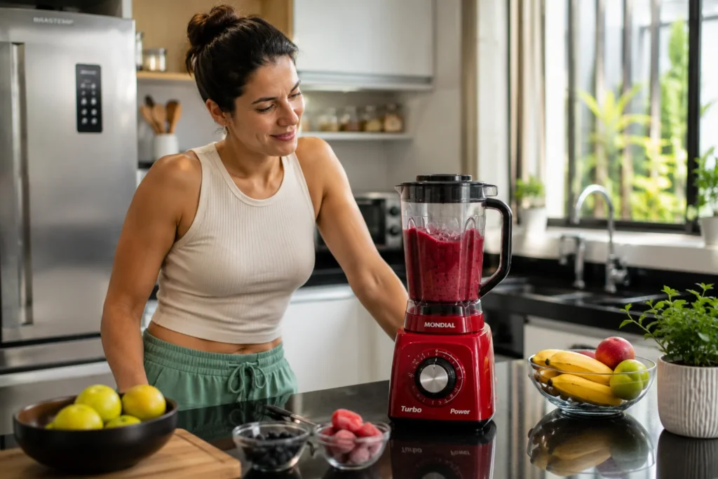 Uma mãe de família usando o liquidificador Mondial vermelho para triturar polpas congeladas na cozinha de casa