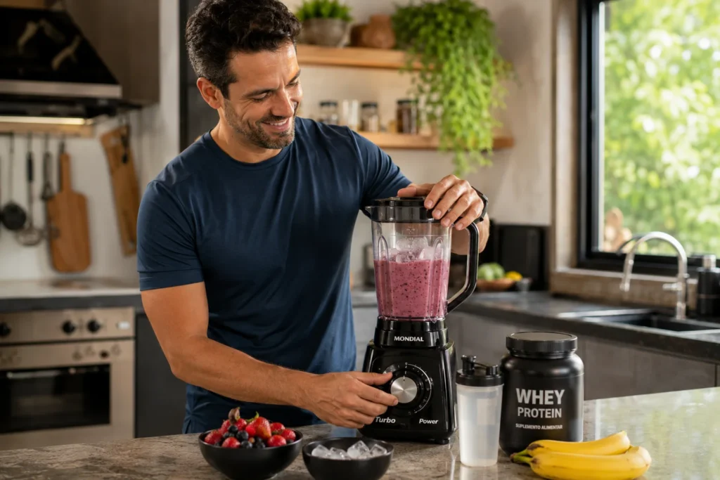 Um homem na cozinha preparando um suco de frutas congeladas com o liquidificador Mondial Turbo de alta potência.
