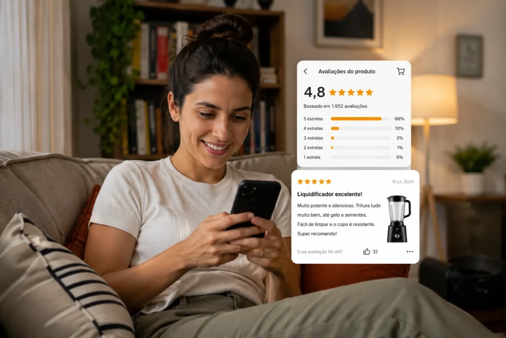 Uma mulher deitada no sofá da sala usando o smartphone para ler avaliações de eletrodomésticos antes de comprar.