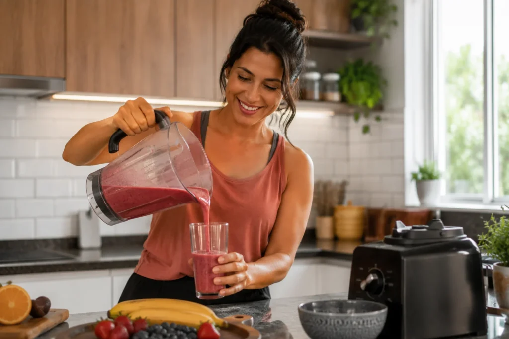 Uma consumidora na cozinha gourmet sorrindo enquanto despeja uma vitamina de frutas de uma jarra grande de liquidificador. melhor liquidificador custo-benefício