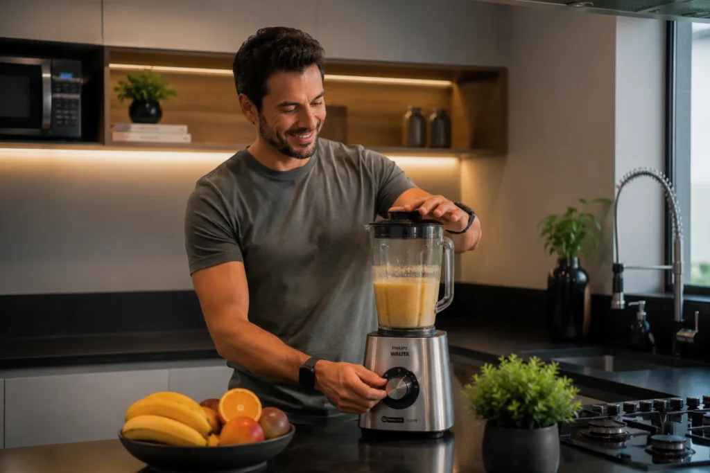 Um homem na bancada da cozinha gourmet ajustando o botão de velocidade de um liquidificador moderno de inox.
