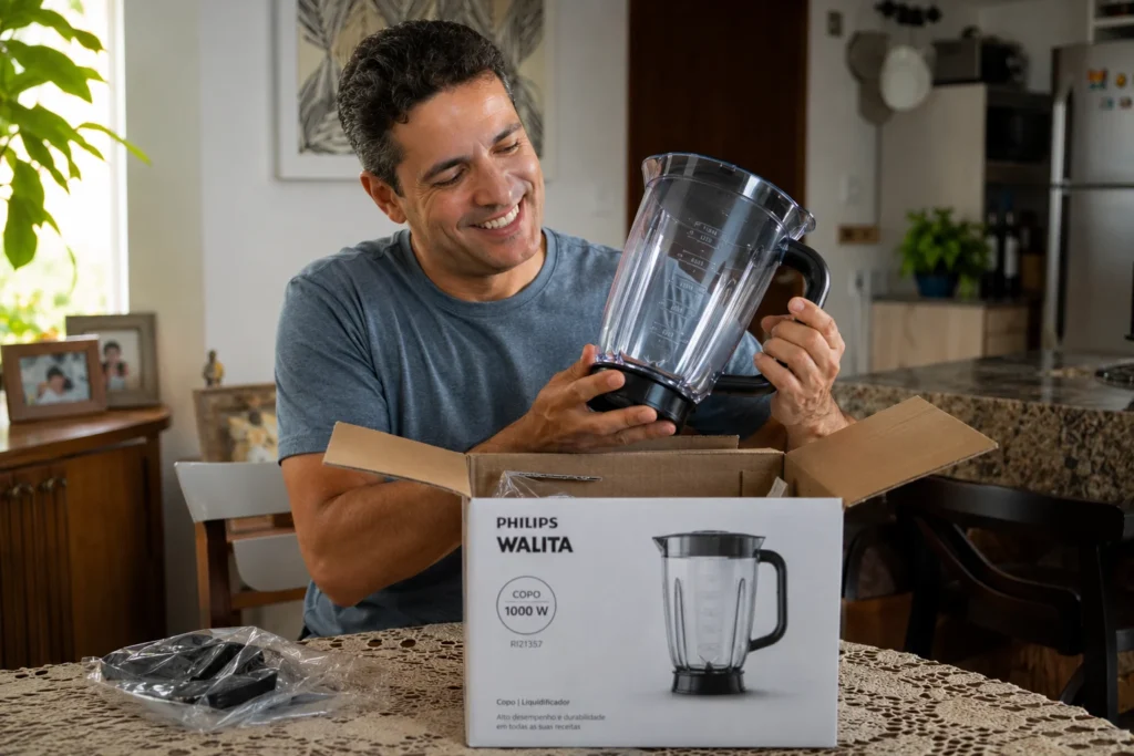 Um consumidor satisfeito desembalando uma jarra nova de reposição para o seu liquidificador que chegou pelos correios.
