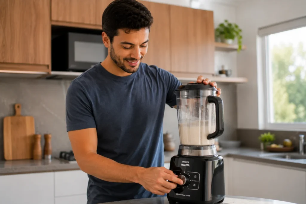 Um jovem na cozinha moderna girando o botão de velocidades de um liquidificador potente para fazer um suco de frutas.