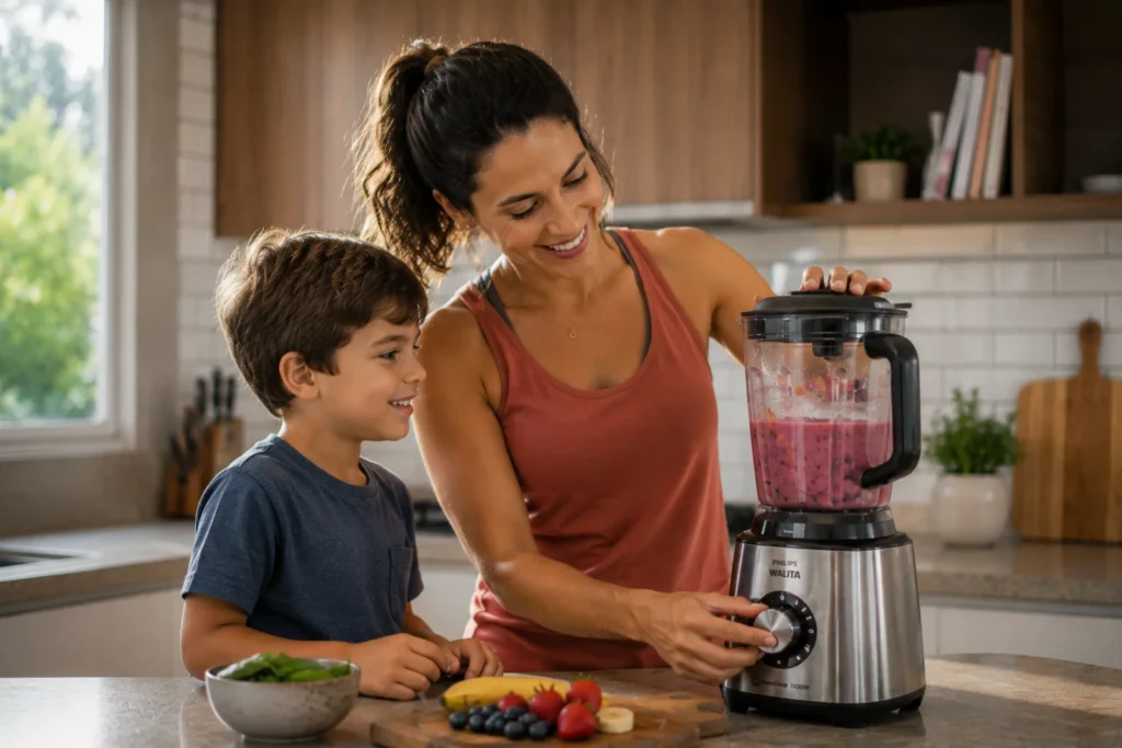 Uma mãe e seu filho pequeno na cozinha gourmet, com o liquidificador desligado e travado de forma segura na bancada de granito.