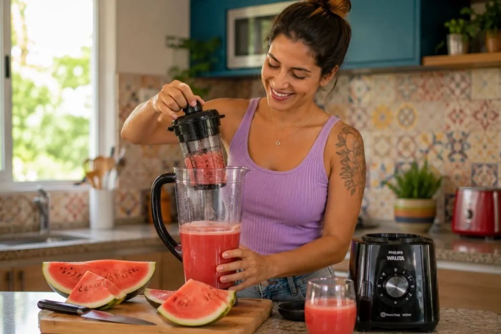 Uma mulher sorridente na cozinha retirando o filtro interno do liquidificador cheio de suco de melancia fresco.