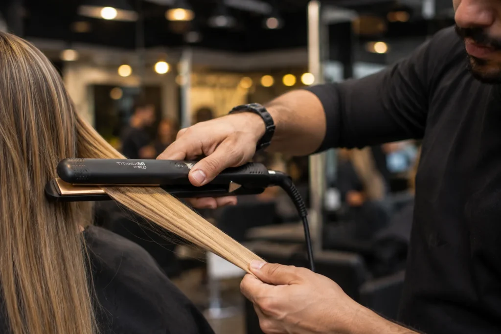 Cabeleireiro trabalhando de forma confortável usando uma chapinha profissional leve com cabo giratório longo em um salão de beleza movimentado.