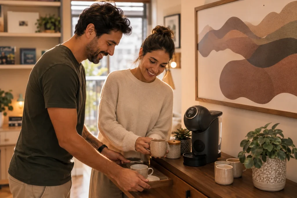  Um casal organizando o cantinho do café na sala de estar, posicionando orgulhosamente a sua nova cafeteira de cápsulas na bancada de madeira.