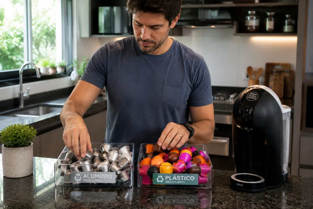 Um consumidor em sua cozinha organizando cápsulas de alumínio prateadas ao lado de cápsulas plásticas coloridas na bancada de granito.