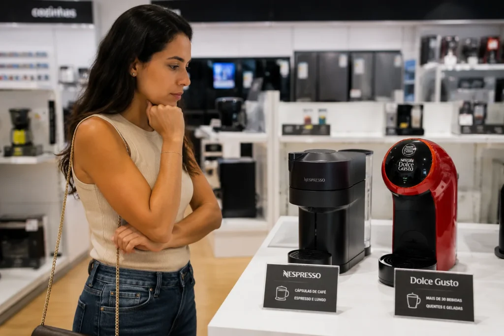 Uma consumidora pensativa em uma loja de eletrodomésticos, olhando para uma máquina Nespresso preta e uma Dolce Gusto vermelha lado a lado na prateleira. Nespresso ou Dolce Gusto