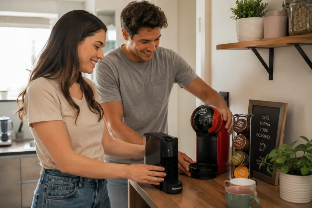 Um jovem casal sorrindo na cozinha de seu apartamento enquanto posiciona uma cafeteira Essenza Mini preta e uma Mini Me vermelha na bancada de madeira.